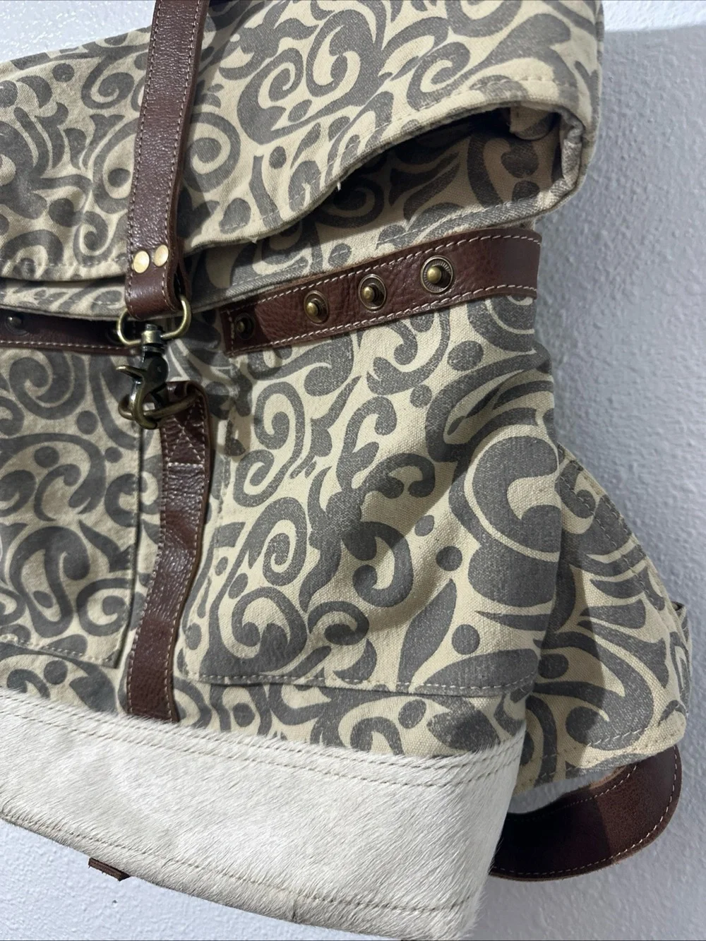 Myra Bag - Foldover Backpack Bag - Hairon, Canvas, & Leather